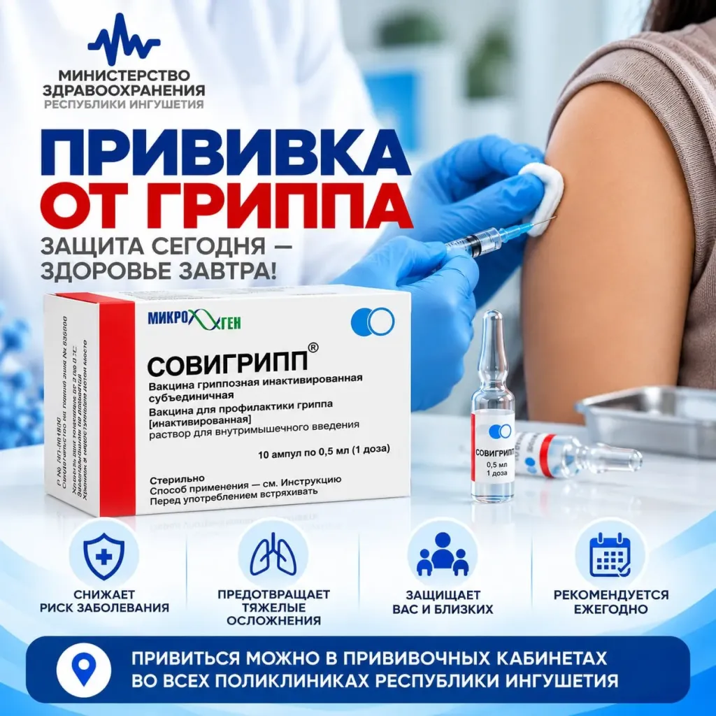 Минздрав Ингушетии: прививка от гриппа снижает риск пневмонии и миокардита